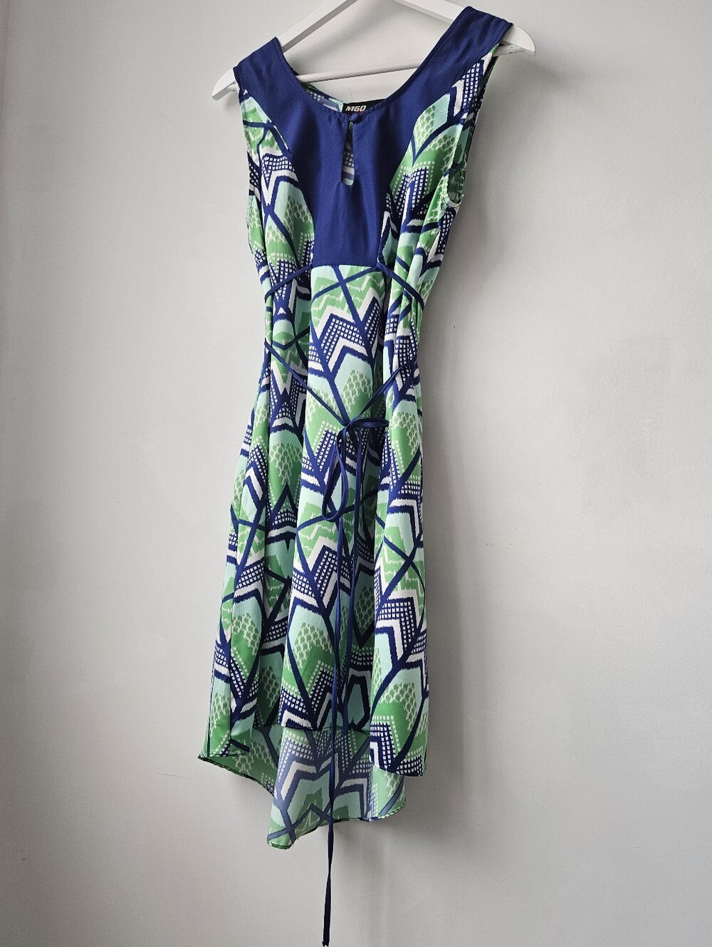 Miss Sixty Geometric Wrap String Belt-Tie Button V-Neck Cascade Dress